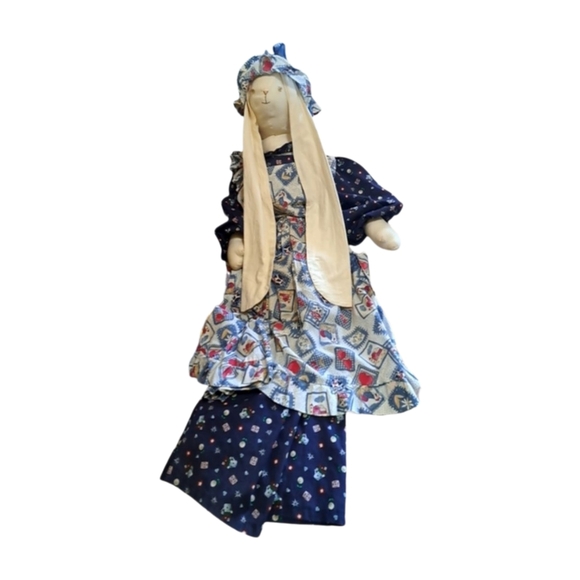Other - Rabbit Handmade Doll with Long Ears and a Patchwork Apron over a Navy Blue Dress